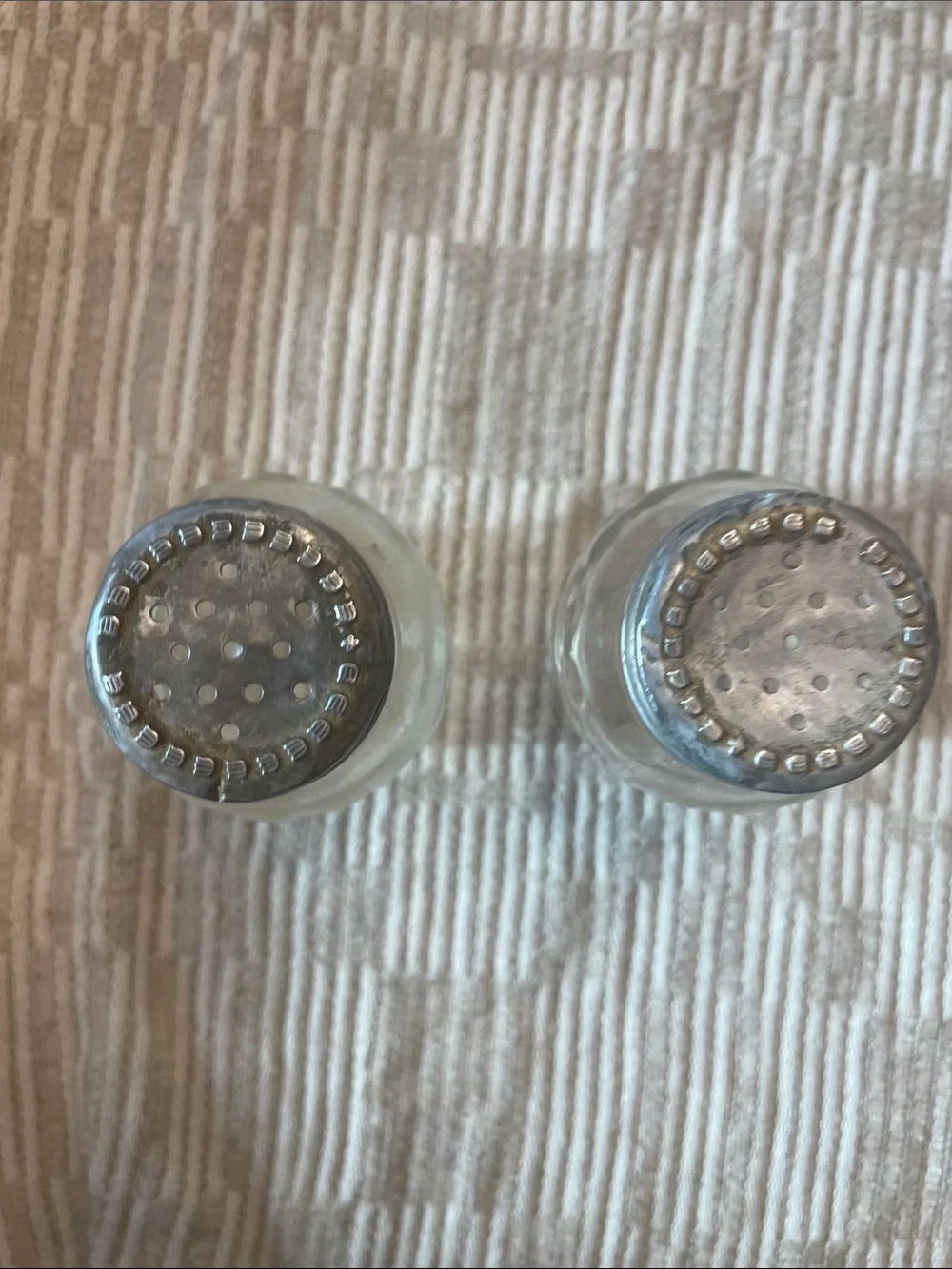 Antique Clear Textured Glass Salt and Pepper Shakers with Metal Lids — Clear